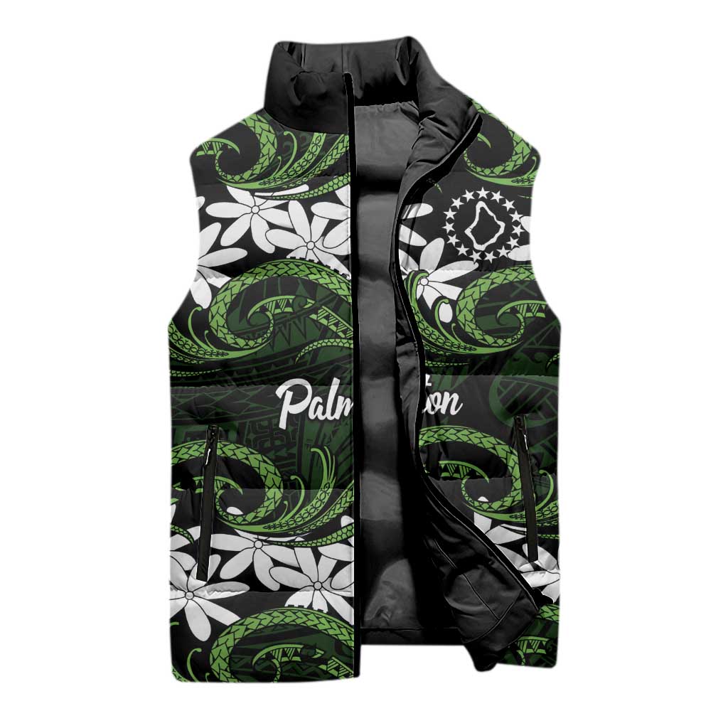 Personalised Cook Islands Palmerston Sleeveless Puffer Jacket Tiare Maori Polynesian Waves Tattoo