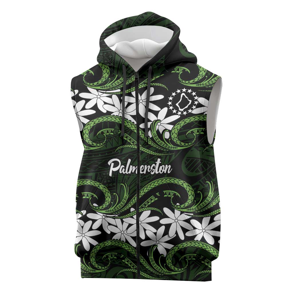 Personalised Cook Islands Palmerston Sleeveless Zip Hoodie Tiare Maori Polynesian Waves Tattoo
