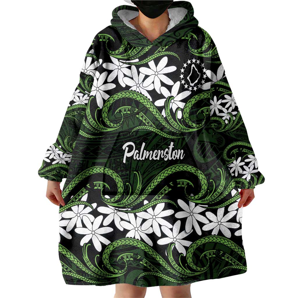 Personalised Cook Islands Palmerston Wearable Blanket Hoodie Tiare Maori Polynesian Waves Tattoo