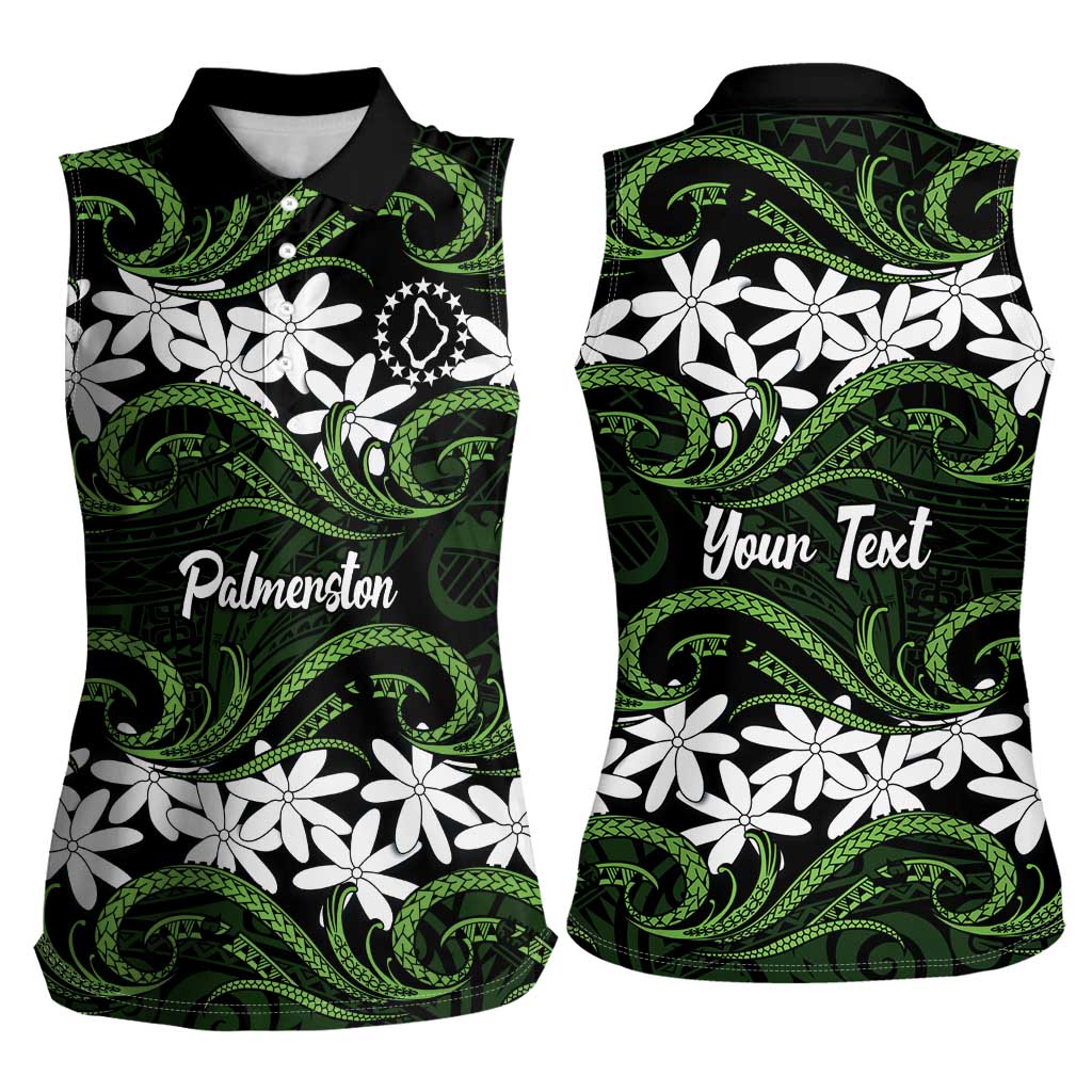 Personalised Cook Islands Palmerston Women Sleeveless Polo Shirt Tiare Maori Polynesian Waves Tattoo