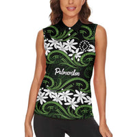 Personalised Cook Islands Palmerston Women Sleeveless Polo Shirt Tiare Maori Polynesian Waves Tattoo