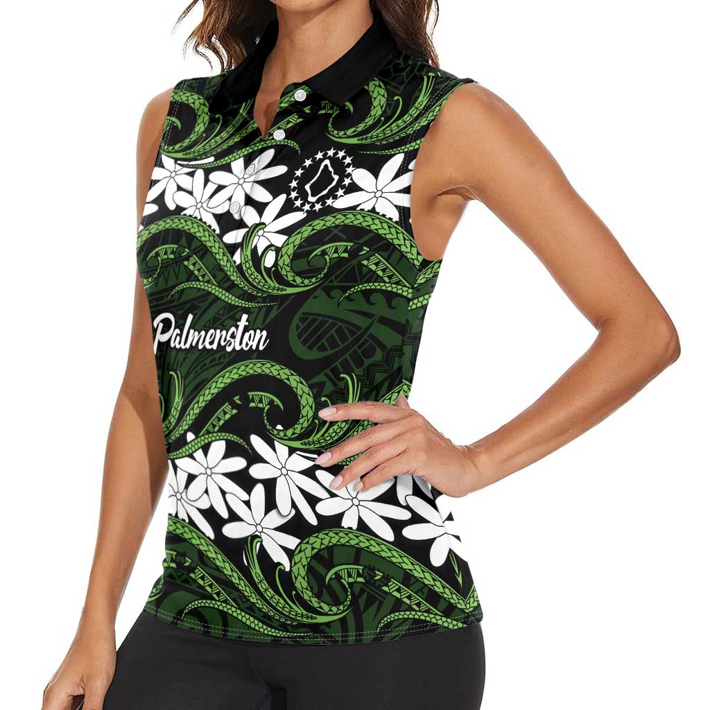 Personalised Cook Islands Palmerston Women Sleeveless Polo Shirt Tiare Maori Polynesian Waves Tattoo