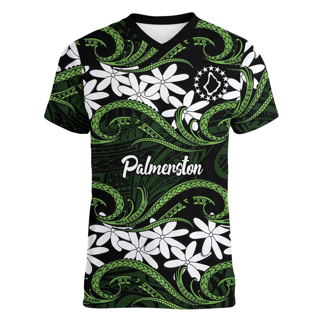 Personalised Cook Islands Palmerston Women V-Neck T-Shirt Tiare Maori Polynesian Waves Tattoo