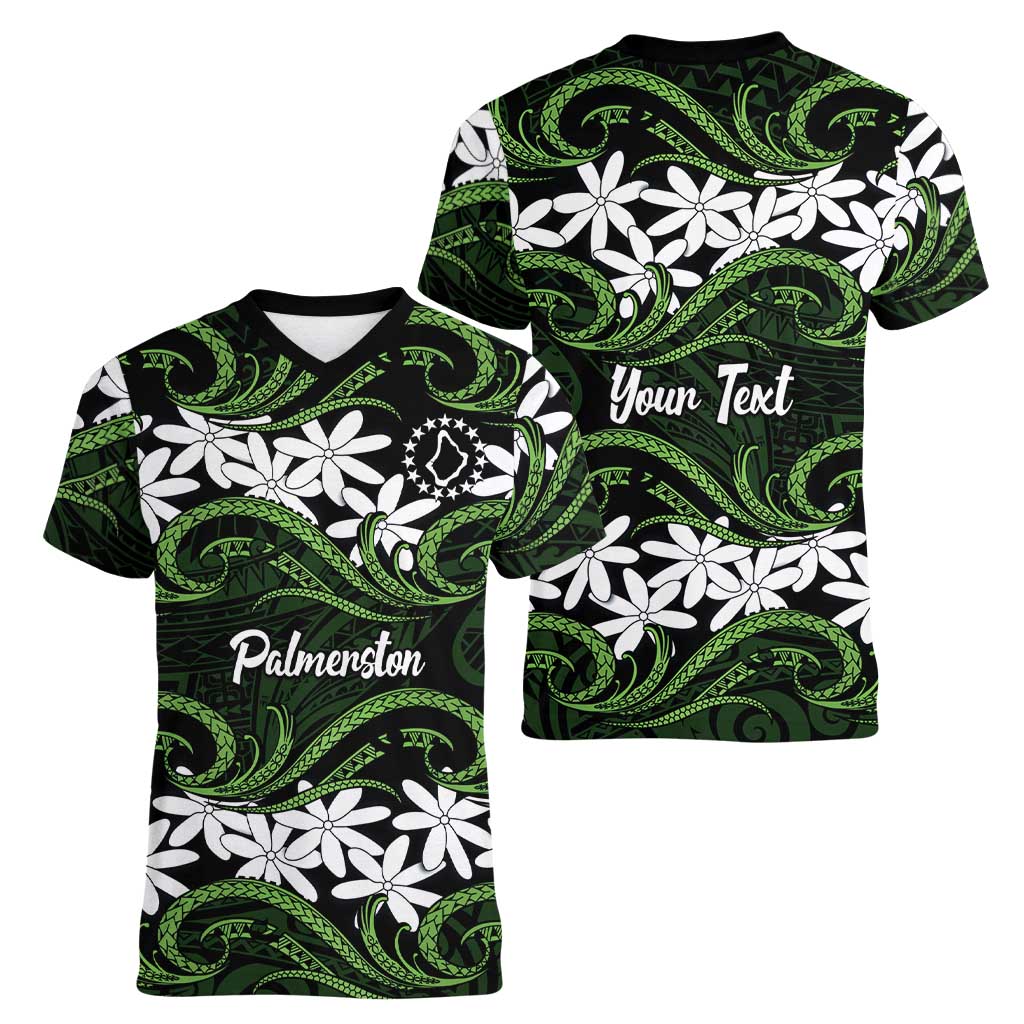 Personalised Cook Islands Palmerston Women V-Neck T-Shirt Tiare Maori Polynesian Waves Tattoo