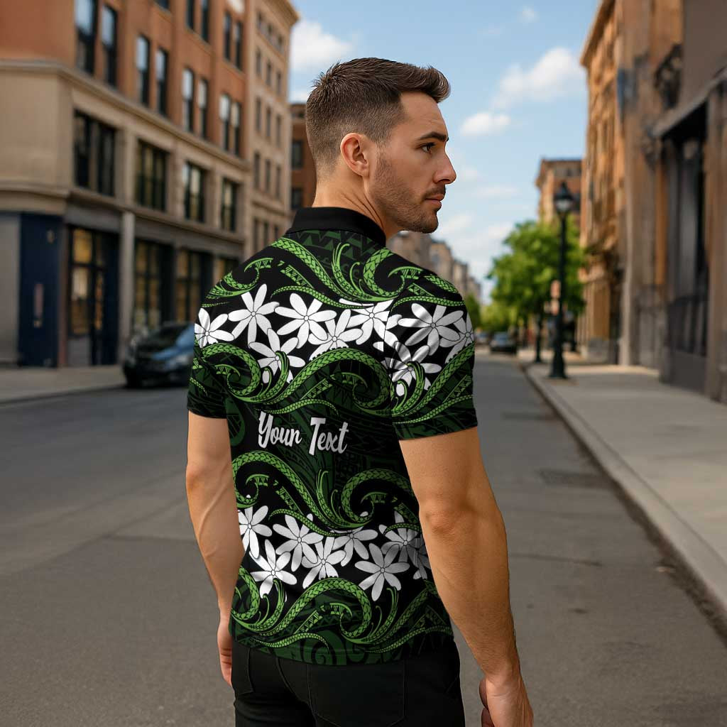 Personalised Cook Islands Palmerston Zipper Polo Shirt Tiare Maori Polynesian Waves Tattoo