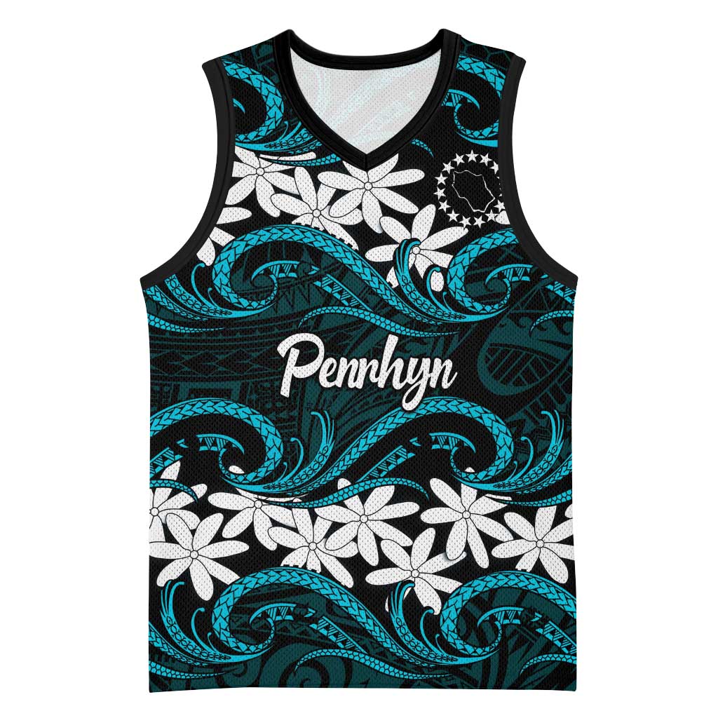 Personalised Cook Islands Penrhyn Atoll Basketball Jersey Tiare Maori Polynesian Waves Tattoo
