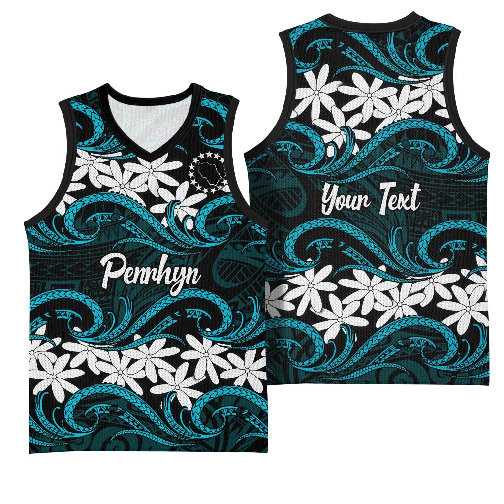 Personalised Cook Islands Penrhyn Atoll Basketball Jersey Tiare Maori Polynesian Waves Tattoo