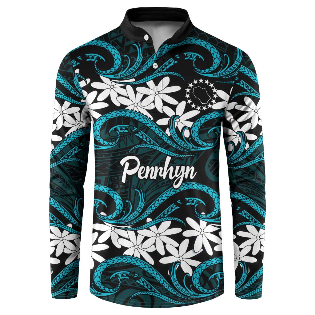 Personalised Cook Islands Penrhyn Atoll Button Sweatshirt Tiare Maori Polynesian Waves Tattoo