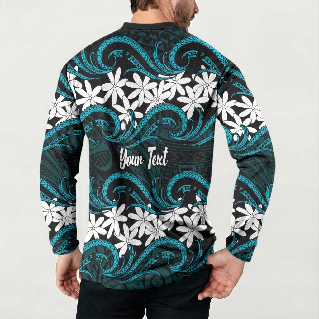 Personalised Cook Islands Penrhyn Atoll Button Sweatshirt Tiare Maori Polynesian Waves Tattoo
