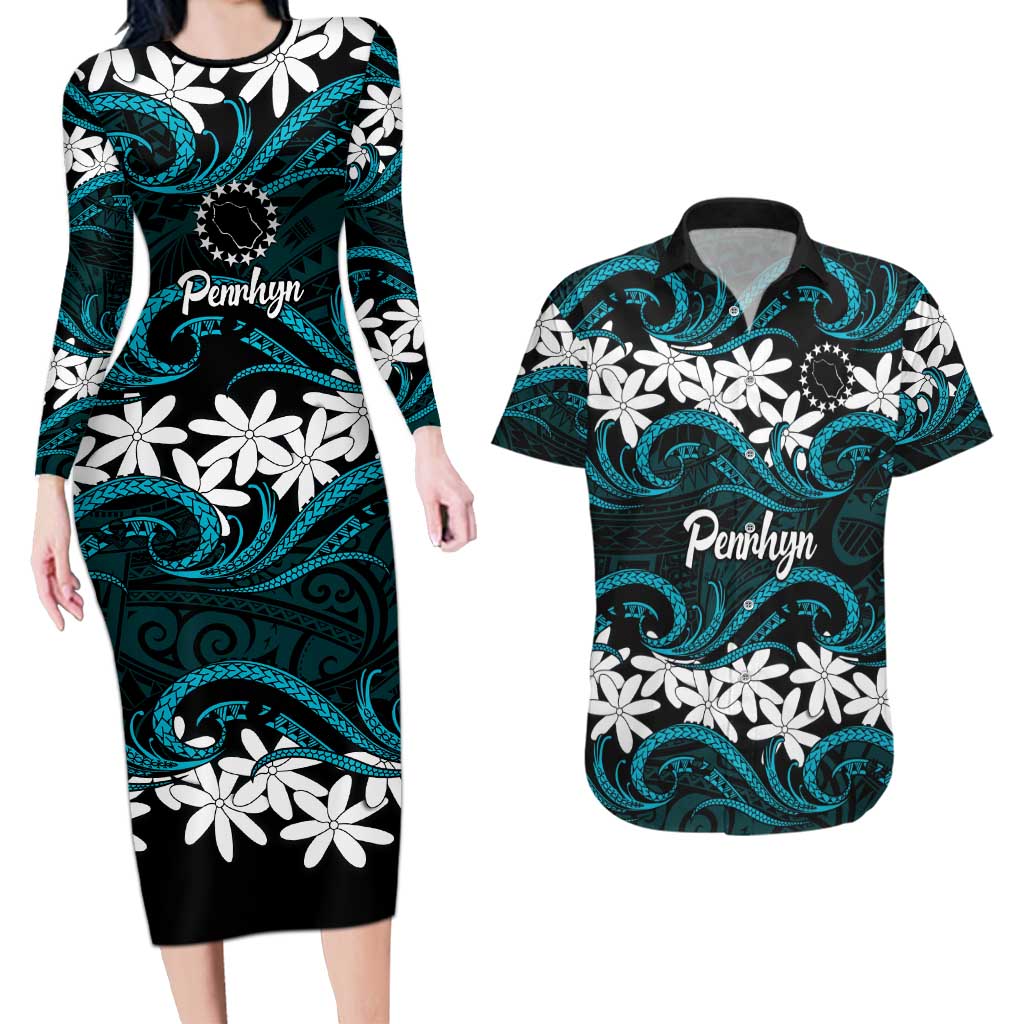 Personalised Cook Islands Penrhyn Atoll Couples Matching Long Sleeve Bodycon Dress and Hawaiian Shirt Tiare Maori Polynesian Waves Tattoo LT14 Blue - Polynesian Pride