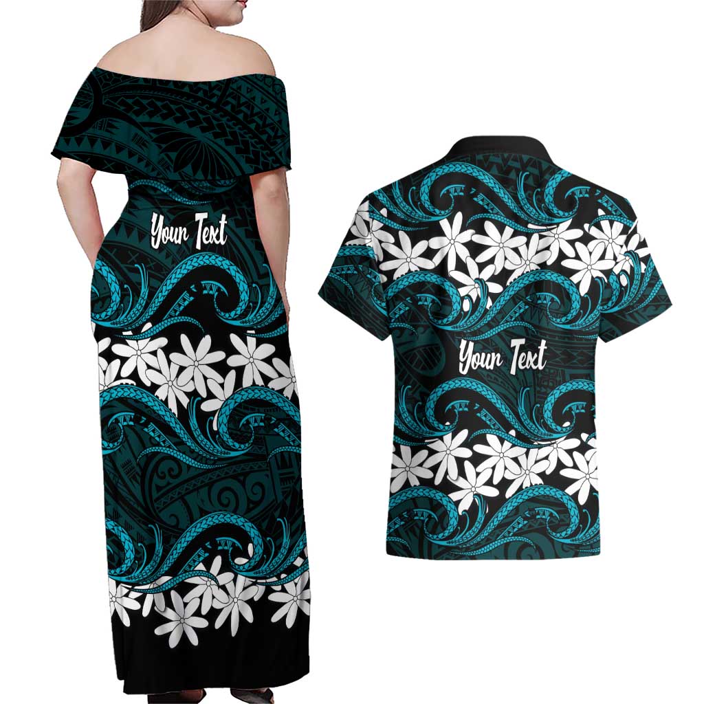 Personalised Cook Islands Penrhyn Atoll Couples Matching Off Shoulder Maxi Dress and Hawaiian Shirt Tiare Maori Polynesian Waves Tattoo LT14 - Polynesian Pride