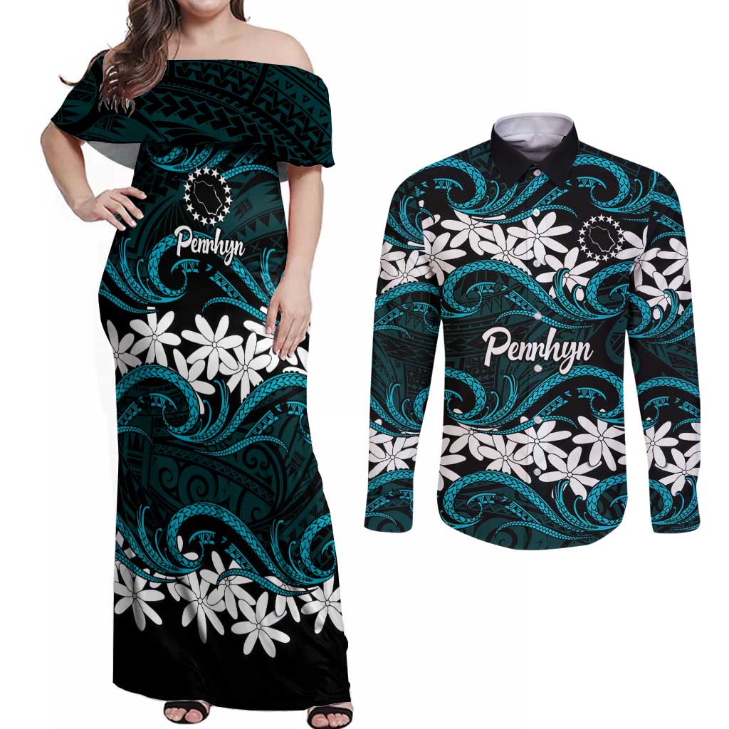 Personalised Cook Islands Penrhyn Atoll Couples Matching Off Shoulder Maxi Dress and Long Sleeve Button Shirt Tiare Maori Polynesian Waves Tattoo