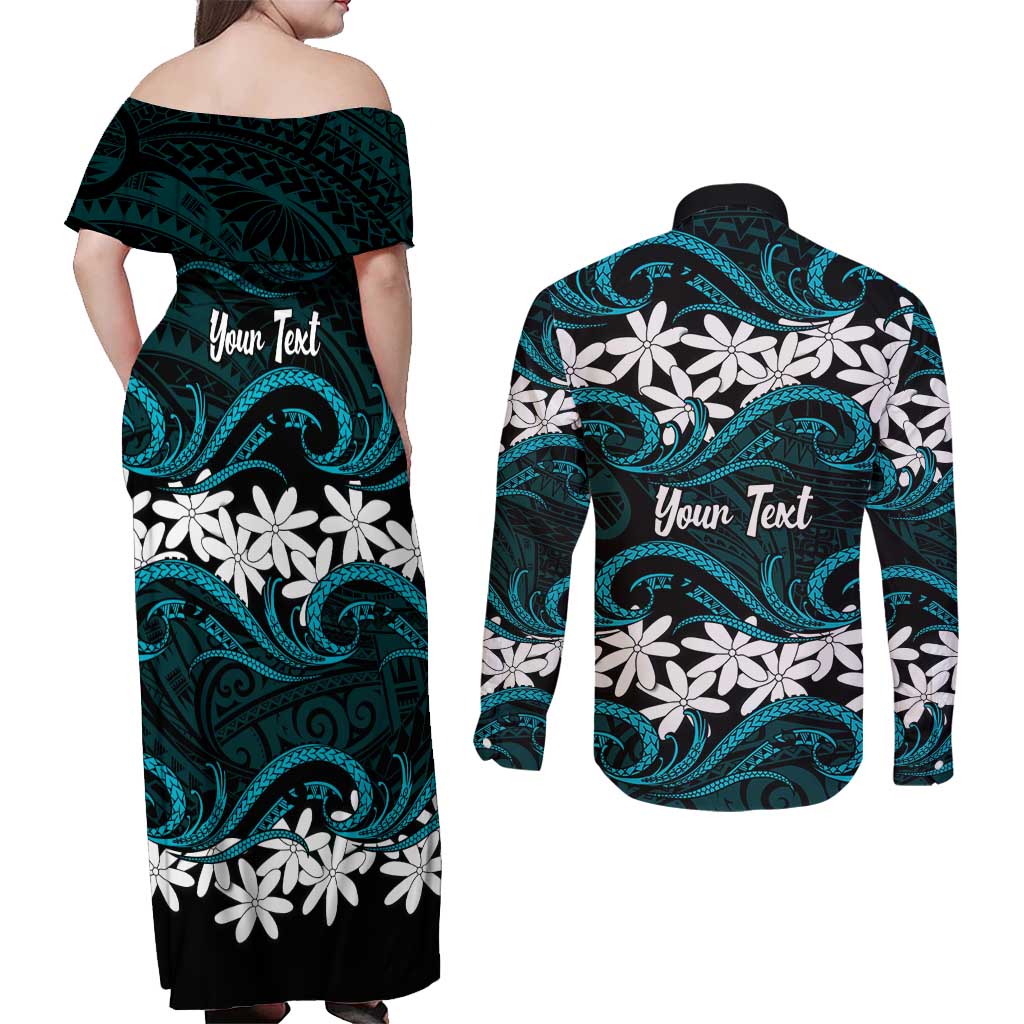 Personalised Cook Islands Penrhyn Atoll Couples Matching Off Shoulder Maxi Dress and Long Sleeve Button Shirt Tiare Maori Polynesian Waves Tattoo