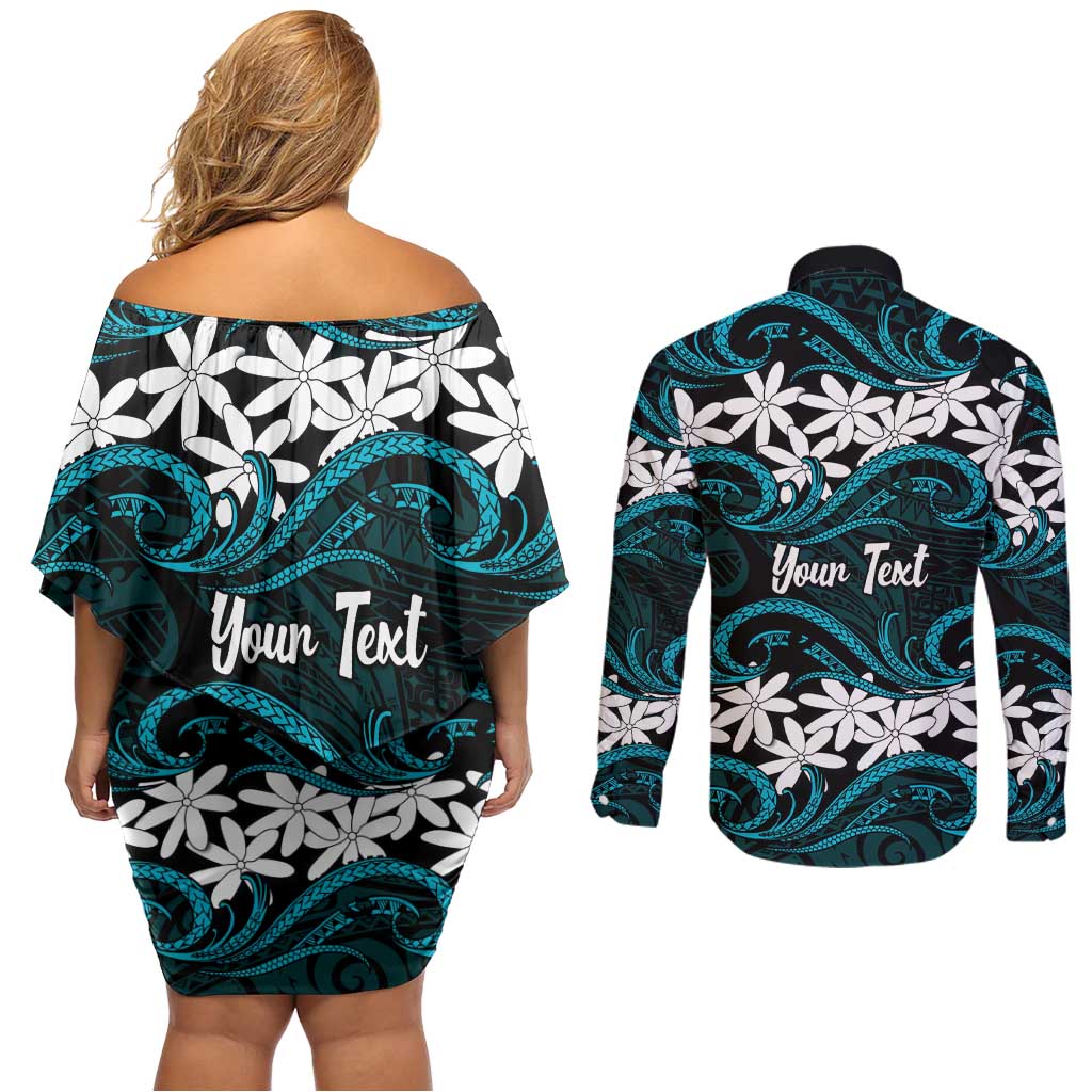 Personalised Cook Islands Penrhyn Atoll Couples Matching Off Shoulder Short Dress and Long Sleeve Button Shirt Tiare Maori Polynesian Waves Tattoo