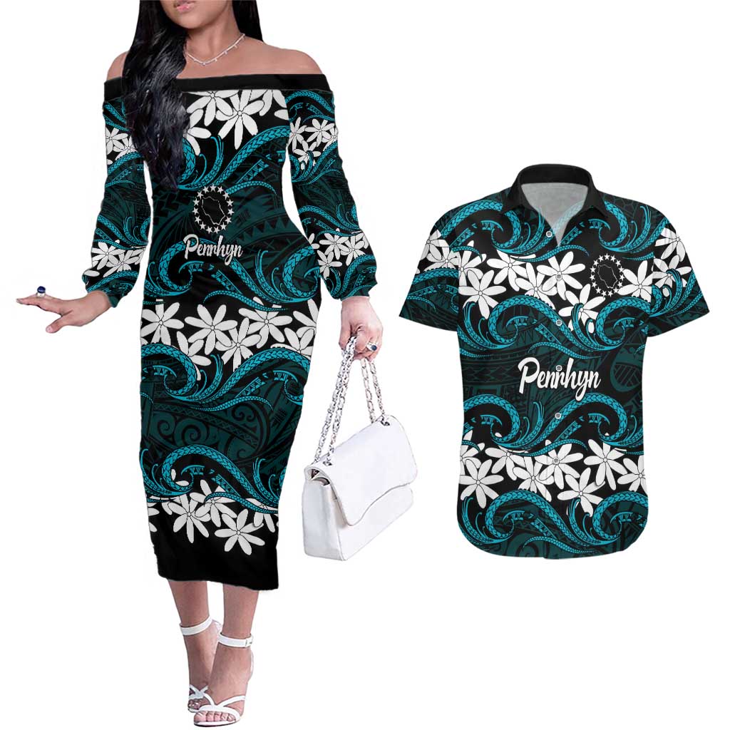 Personalised Cook Islands Penrhyn Atoll Couples Matching Off The Shoulder Long Sleeve Dress and Hawaiian Shirt Tiare Maori Polynesian Waves Tattoo LT14 Blue - Polynesian Pride