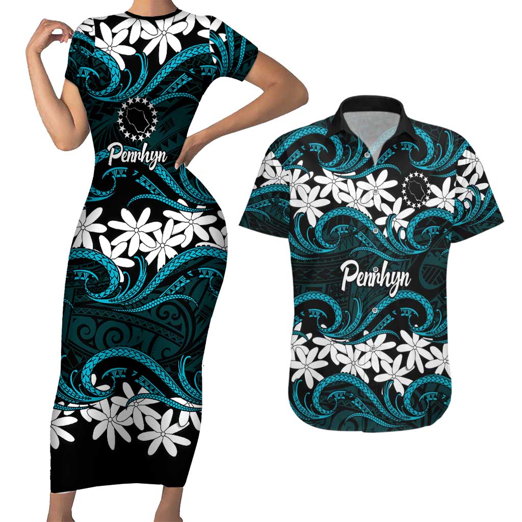 Personalised Cook Islands Penrhyn Atoll Couples Matching Short Sleeve Bodycon Dress and Hawaiian Shirt Tiare Maori Polynesian Waves Tattoo LT14 Blue - Polynesian Pride