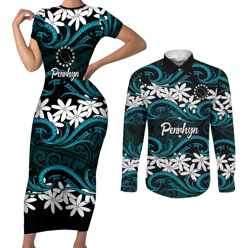 Personalised Cook Islands Penrhyn Atoll Couples Matching Short Sleeve Bodycon Dress and Long Sleeve Button Shirt Tiare Maori Polynesian Waves Tattoo