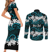 Personalised Cook Islands Penrhyn Atoll Couples Matching Short Sleeve Bodycon Dress and Long Sleeve Button Shirt Tiare Maori Polynesian Waves Tattoo LT14 - Polynesian Pride