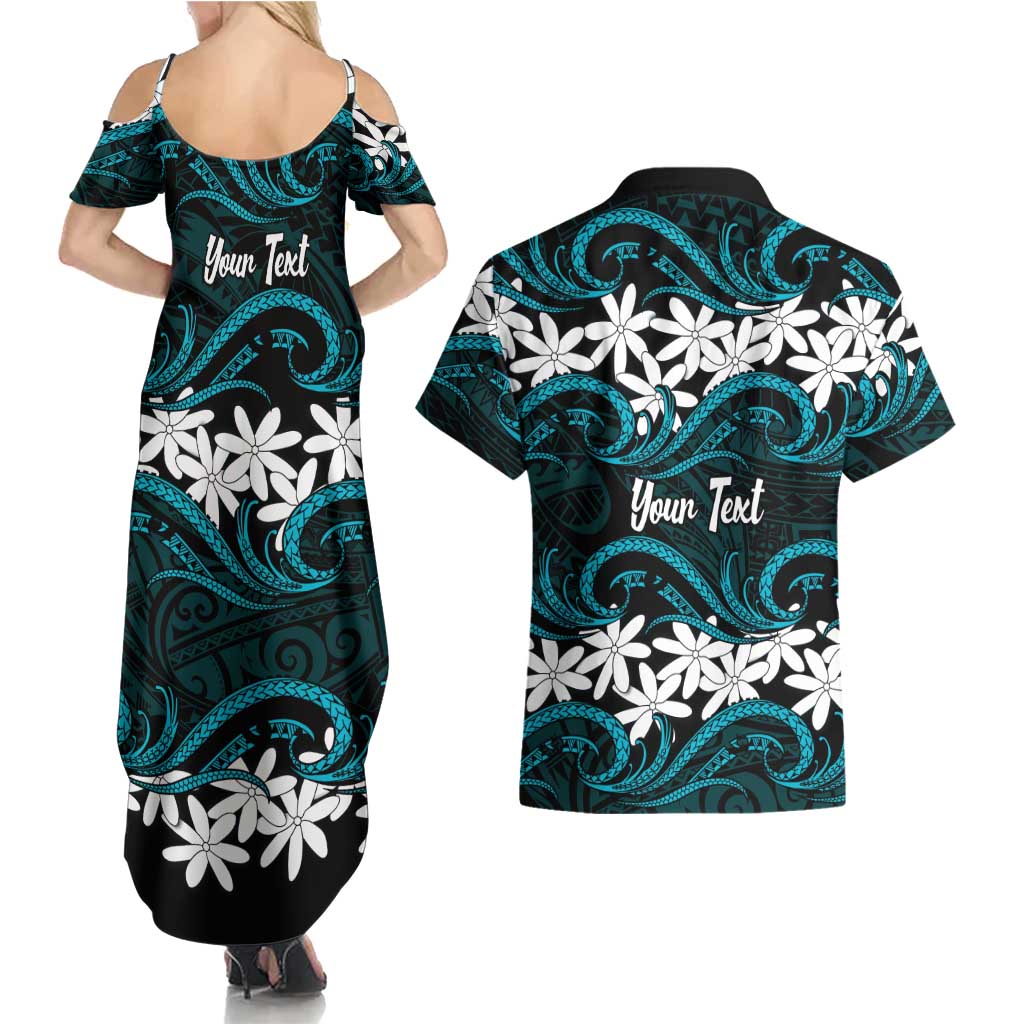 Personalised Cook Islands Penrhyn Atoll Couples Matching Summer Maxi Dress and Hawaiian Shirt Tiare Maori Polynesian Waves Tattoo LT14 - Polynesian Pride