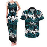 Personalised Cook Islands Penrhyn Atoll Couples Matching Tank Maxi Dress and Hawaiian Shirt Tiare Maori Polynesian Waves Tattoo LT14 Blue - Polynesian Pride