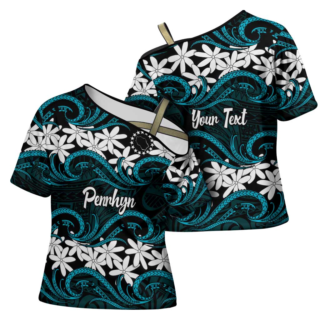 Personalised Cook Islands Penrhyn Atoll Cross Shoulder Shirt Tiare Maori Polynesian Waves Tattoo