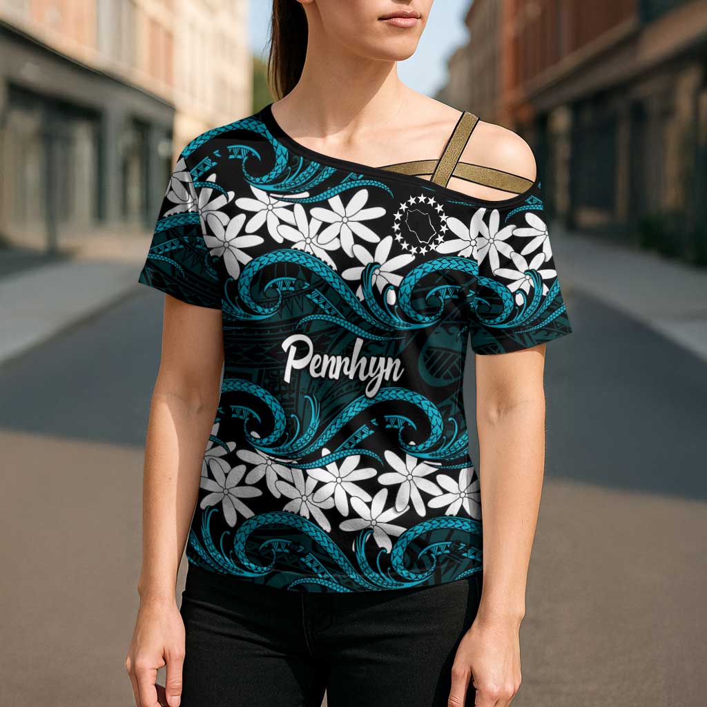 Personalised Cook Islands Penrhyn Atoll Cross Shoulder Shirt Tiare Maori Polynesian Waves Tattoo