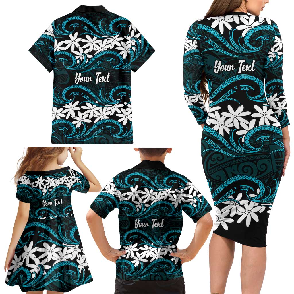 Personalised Cook Islands Penrhyn Atoll Family Matching Long Sleeve Bodycon Dress and Hawaiian Shirt Tiare Maori Polynesian Waves Tattoo LT14 - Polynesian Pride