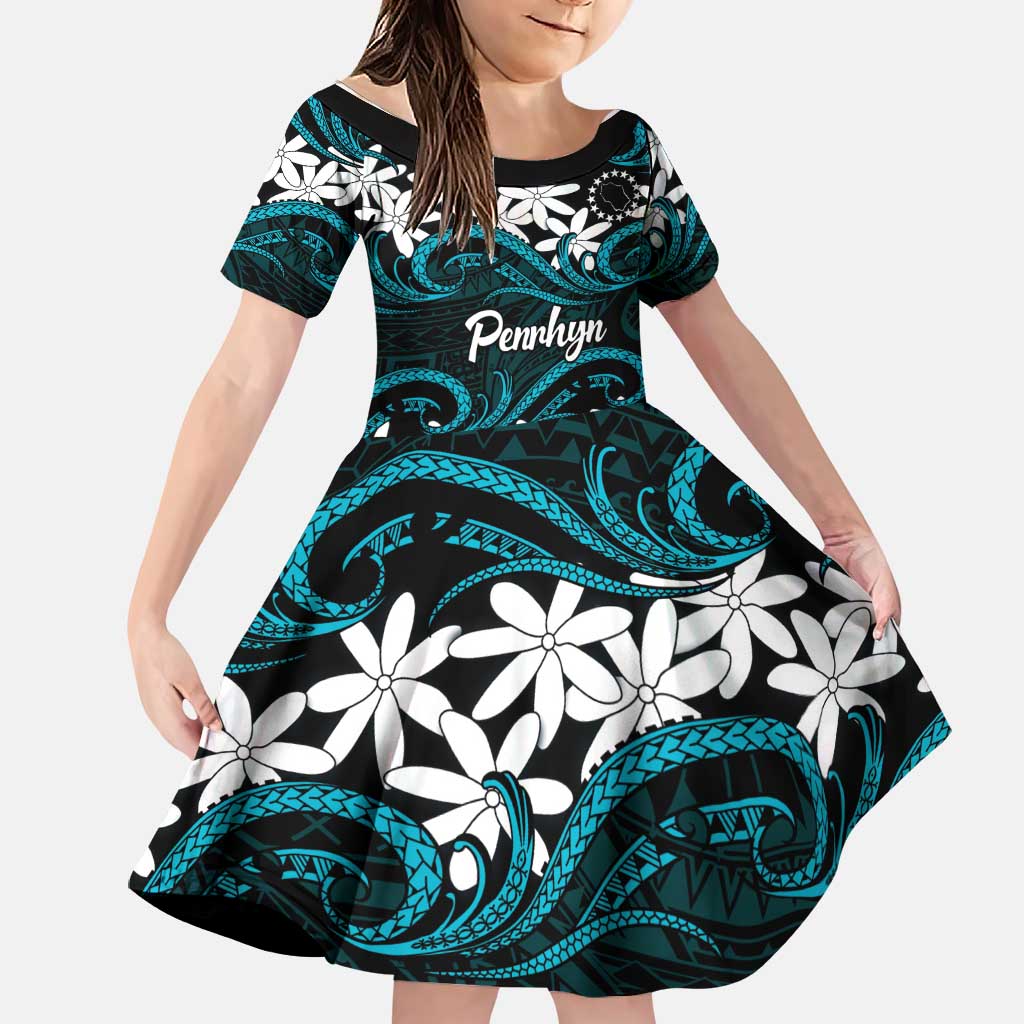 Personalised Cook Islands Penrhyn Atoll Family Matching Mermaid Dress and Hawaiian Shirt Tiare Maori Polynesian Waves Tattoo LT14 Daughter's Dress Blue - Polynesian Pride