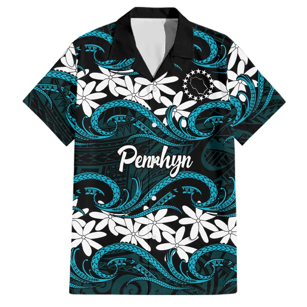 Personalised Cook Islands Penrhyn Atoll Family Matching Mermaid Dress and Hawaiian Shirt Tiare Maori Polynesian Waves Tattoo LT14 Dad's Shirt - Short Sleeve Blue - Polynesian Pride