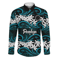 Personalised Cook Islands Penrhyn Atoll Family Matching Mermaid Dress and Hawaiian Shirt Tiare Maori Polynesian Waves Tattoo LT14 Dad's Shirt - Long Sleeve Blue - Polynesian Pride