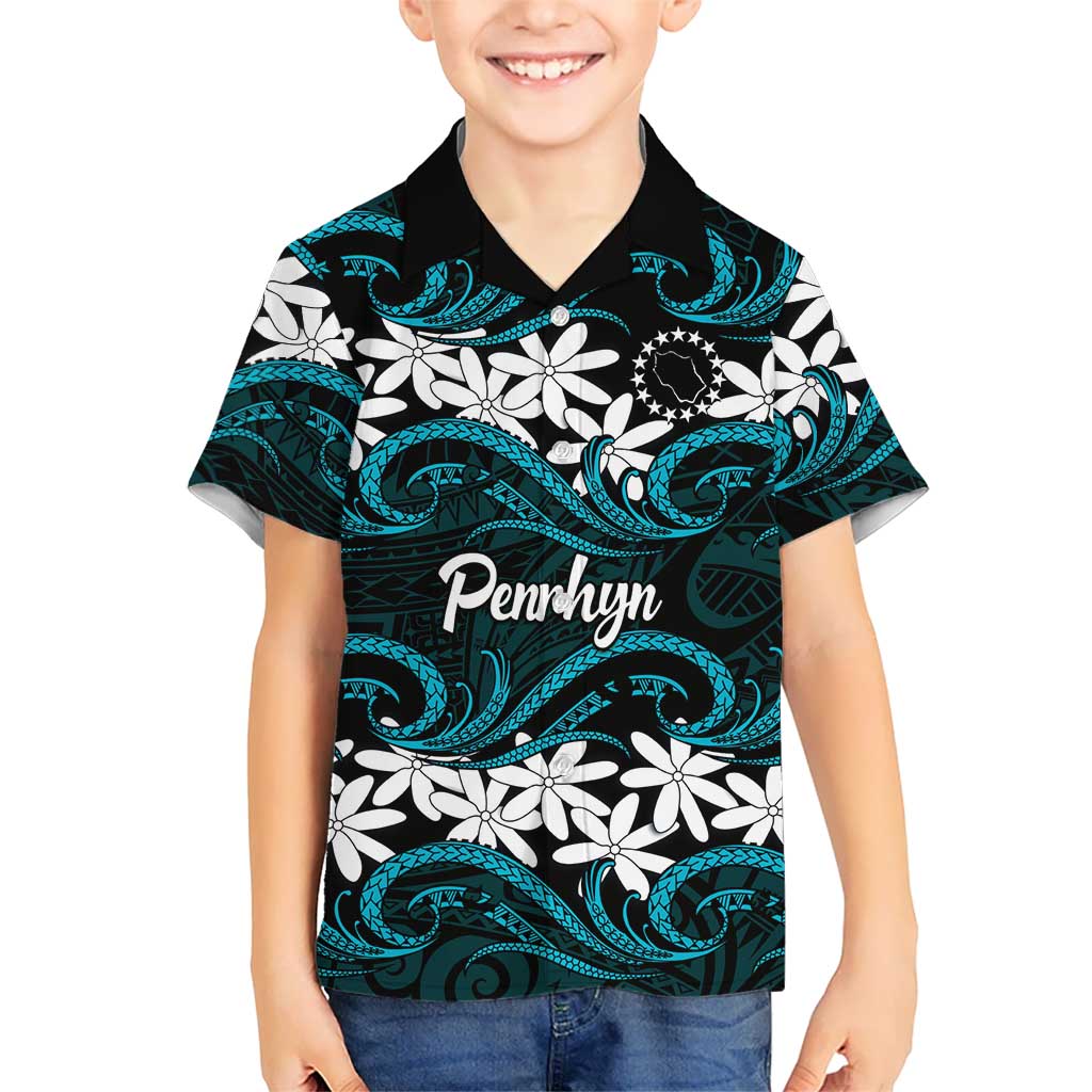 Personalised Cook Islands Penrhyn Atoll Family Matching Mermaid Dress and Hawaiian Shirt Tiare Maori Polynesian Waves Tattoo LT14 Son's Shirt Blue - Polynesian Pride