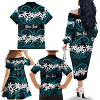 Personalised Cook Islands Penrhyn Atoll Family Matching Off The Shoulder Long Sleeve Dress and Hawaiian Shirt Tiare Maori Polynesian Waves Tattoo LT14 - Polynesian Pride