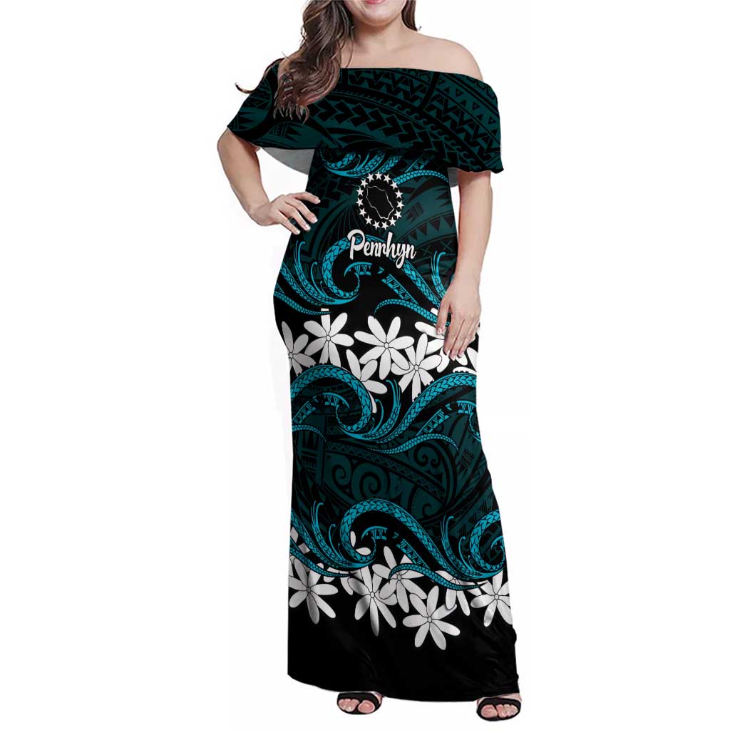 Personalised Cook Islands Penrhyn Atoll Family Matching Off Shoulder Maxi Dress and Hawaiian Shirt Tiare Maori Polynesian Waves Tattoo LT14 Mom's Dress Blue - Polynesian Pride