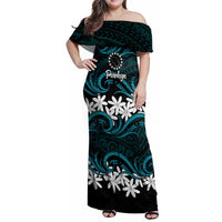 Personalised Cook Islands Penrhyn Atoll Family Matching Off Shoulder Maxi Dress and Hawaiian Shirt Tiare Maori Polynesian Waves Tattoo LT14 Mom's Dress Blue - Polynesian Pride