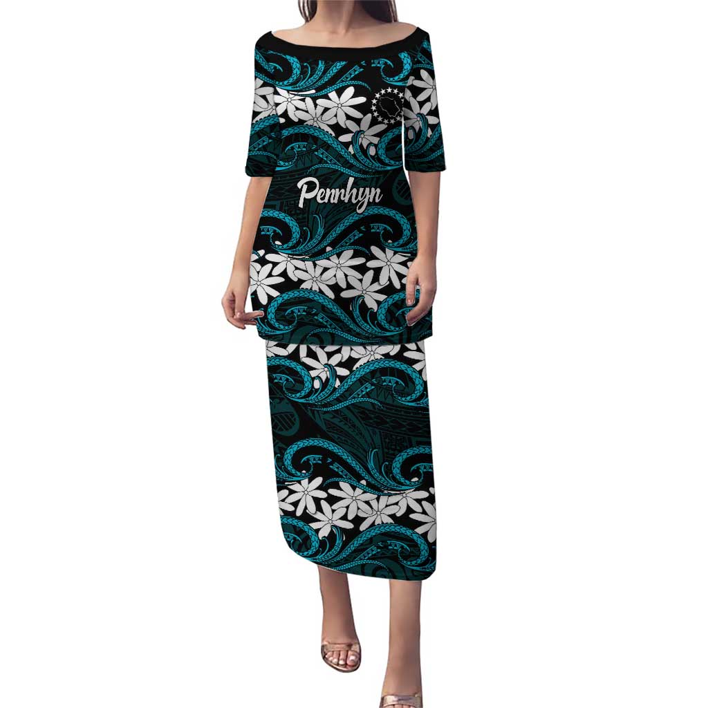 Personalised Cook Islands Penrhyn Atoll Family Matching Puletasi and Hawaiian Shirt Tiare Maori Polynesian Waves Tattoo LT14 Mom's Dress Blue - Polynesian Pride