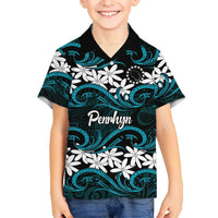 Personalised Cook Islands Penrhyn Atoll Family Matching Puletasi and Hawaiian Shirt Tiare Maori Polynesian Waves Tattoo LT14 Son's Shirt Blue - Polynesian Pride