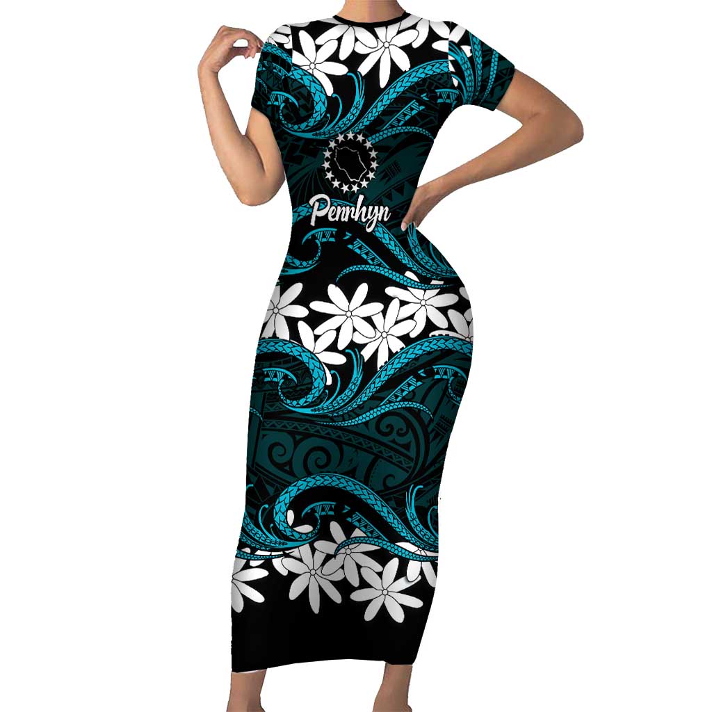 Personalised Cook Islands Penrhyn Atoll Family Matching Short Sleeve Bodycon Dress and Hawaiian Shirt Tiare Maori Polynesian Waves Tattoo LT14 Mom's Dress Blue - Polynesian Pride