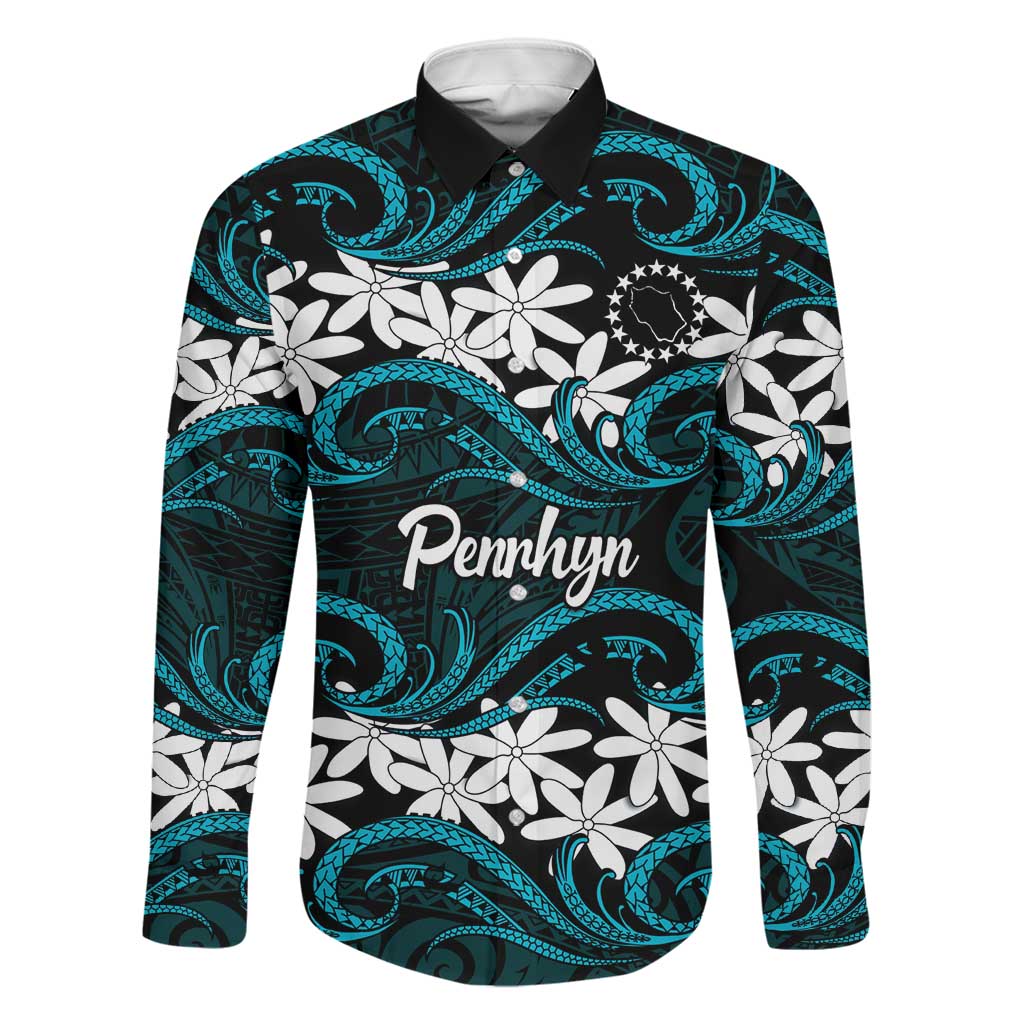 Personalised Cook Islands Penrhyn Atoll Family Matching Summer Maxi Dress and Hawaiian Shirt Tiare Maori Polynesian Waves Tattoo LT14 Dad's Shirt - Long Sleeve Blue - Polynesian Pride