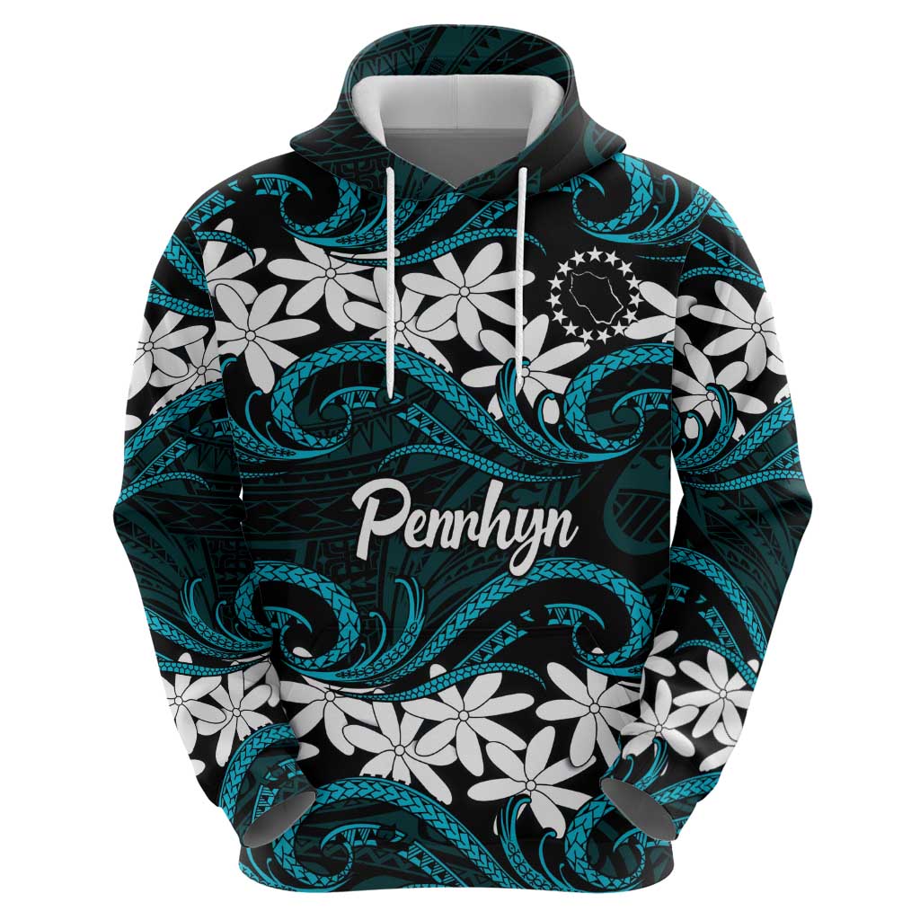 Personalised Cook Islands Penrhyn Atoll Hoodie Tiare Maori Polynesian Waves Tattoo