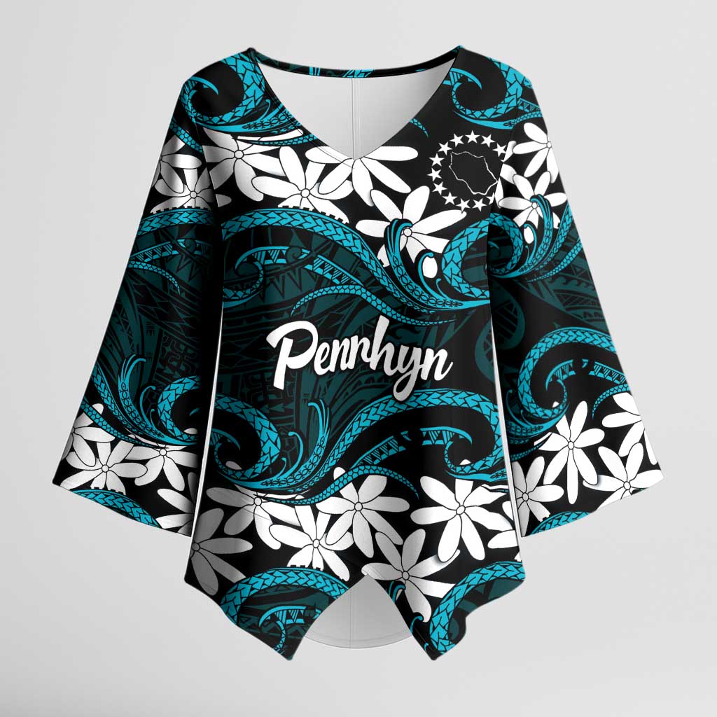 Personalised Cook Islands Penrhyn Atoll Kimono Sleeve Blouse Tiare Maori Polynesian Waves Tattoo
