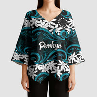 Personalised Cook Islands Penrhyn Atoll Kimono Sleeve Blouse Tiare Maori Polynesian Waves Tattoo