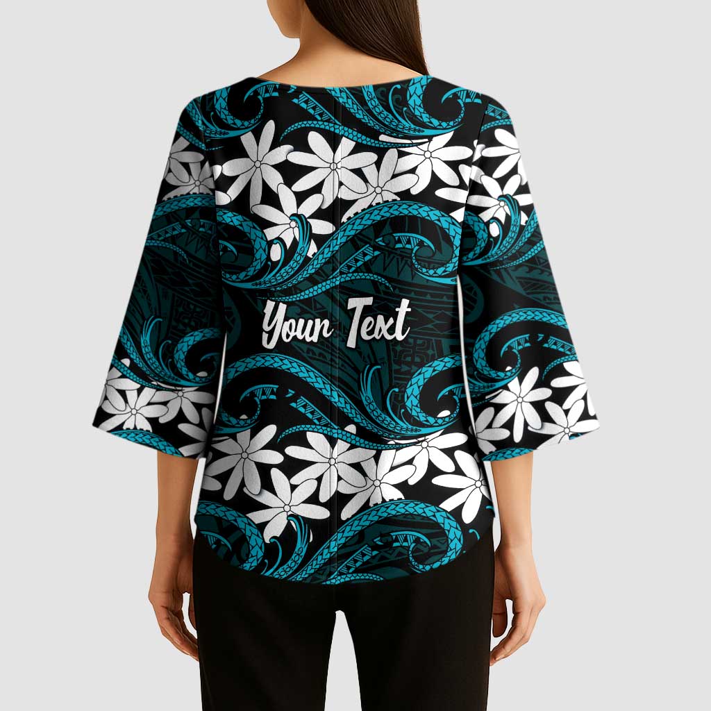 Personalised Cook Islands Penrhyn Atoll Kimono Sleeve Blouse Tiare Maori Polynesian Waves Tattoo