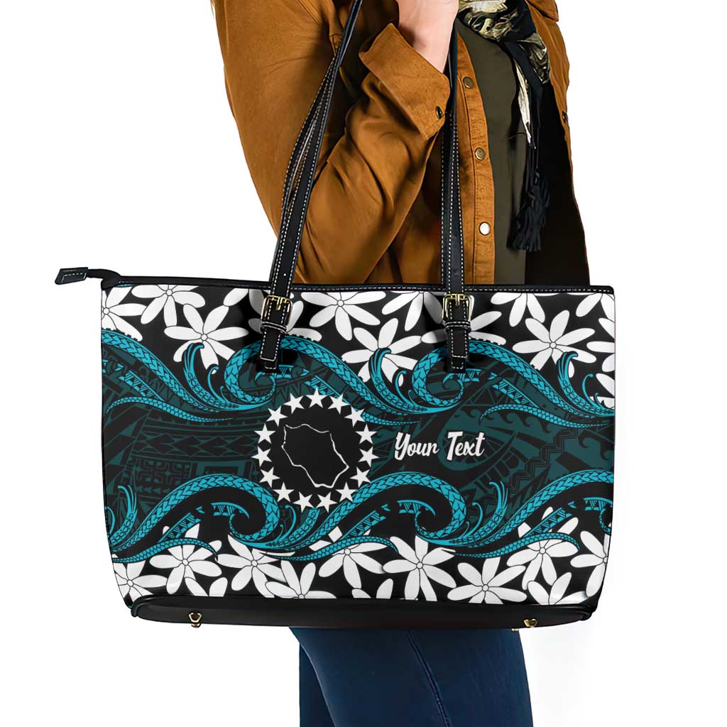 Personalised Cook Islands Penrhyn Atoll Leather Tote Bag Tiare Maori Polynesian Waves Tattoo