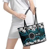 Personalised Cook Islands Penrhyn Atoll Leather Tote Bag Tiare Maori Polynesian Waves Tattoo