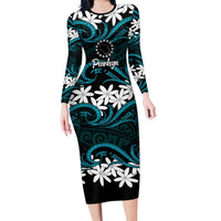 Personalised Cook Islands Penrhyn Atoll Long Sleeve Bodycon Dress Tiare Maori Polynesian Waves Tattoo LT14 Long Dress Blue - Polynesian Pride