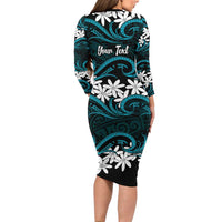 Personalised Cook Islands Penrhyn Atoll Long Sleeve Bodycon Dress Tiare Maori Polynesian Waves Tattoo LT14 - Polynesian Pride