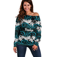 Personalised Cook Islands Penrhyn Atoll Off Shoulder Sweater Tiare Maori Polynesian Waves Tattoo