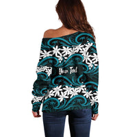 Personalised Cook Islands Penrhyn Atoll Off Shoulder Sweater Tiare Maori Polynesian Waves Tattoo