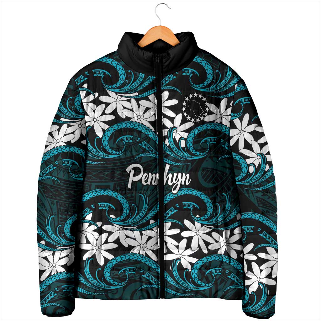 Personalised Cook Islands Penrhyn Atoll Padded Jacket Tiare Maori Polynesian Waves Tattoo