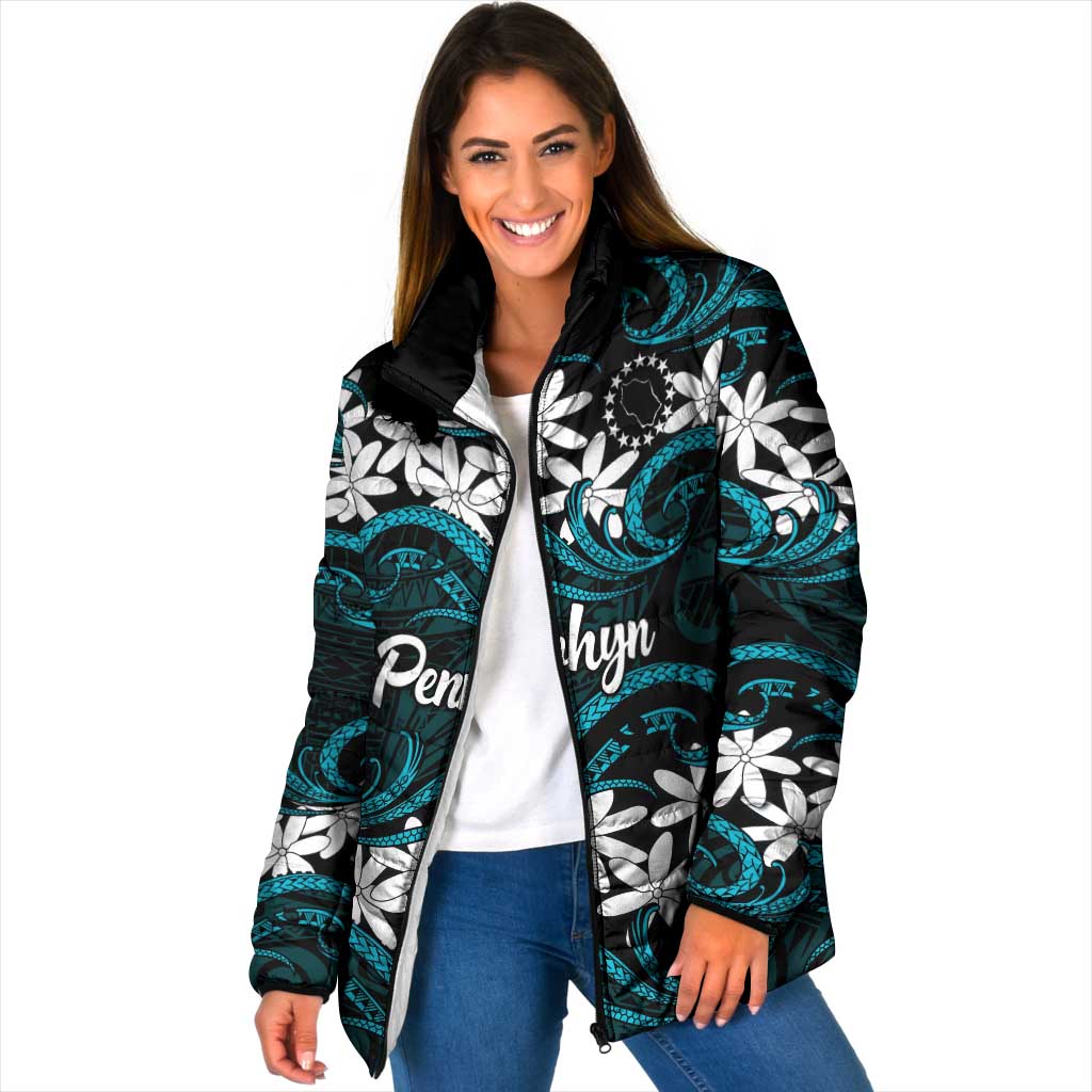 Personalised Cook Islands Penrhyn Atoll Padded Jacket Tiare Maori Polynesian Waves Tattoo